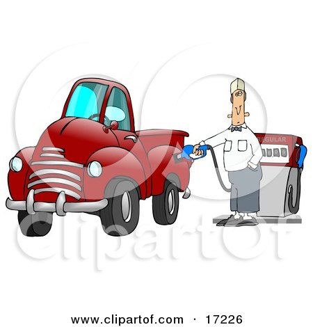 Caucasian Fast Food Manager Man Holding Onto A Gasoline Pump While Filling Up His Red Pickup Truck At A Gas Station Clipart Illustration by djart