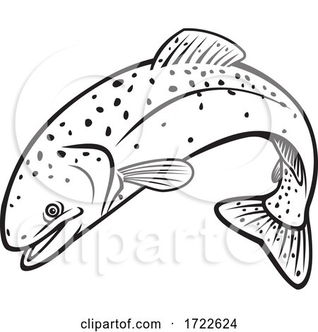 Steelhead Rainbow Trout or Columbia River Redband Trout Jumping Retro Stencil Black and White by patrimonio