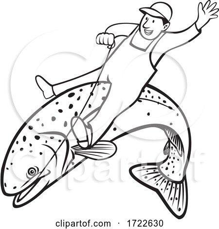 Trout Fisherman Riding Steelhead or Rainbow Trout Retro Stencil Black and White by patrimonio