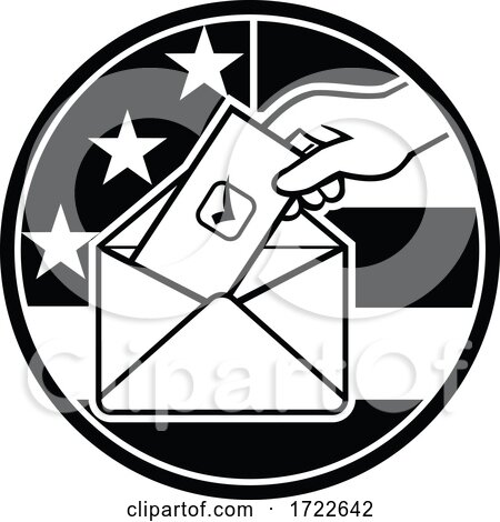 American Voter Voting Using Postal Ballot During Election USA Flag Circle Black and White Retro by patrimonio