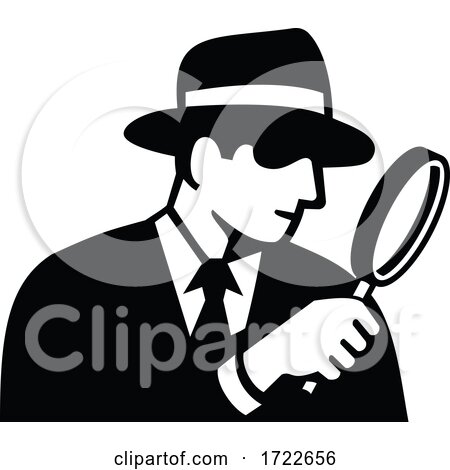Private Eye Detective Inspector or Investigator Looking Magnifying Glass Retro Stencil Black and White by patrimonio