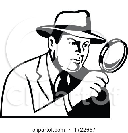 Detective Inspector Private Eye or Investigator Looking Through Magnifying Glass Retro Stencil Black and White by patrimonio