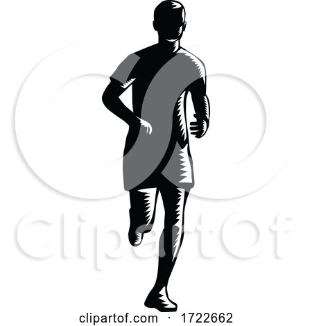 Marathon Runner Silhouette Running Front View Retro Woodcut Black and White by patrimonio