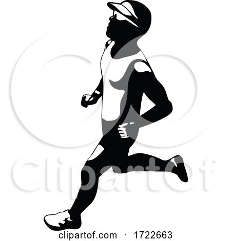 Triathlete Marathon Runner Running Side View Retro Stencil Black and White by patrimonio