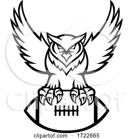 Great Horned Owl or Tiger Owl Clutching American Football Ball Mascot Black and White by patrimonio