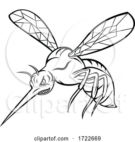 Yellow Fever Mosquito or Aedes Aegypti Flying Mascot Retro Black and White Style by patrimonio