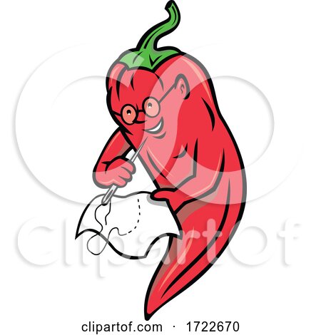 Red Chili Pepper Wearing Granny Glasses and Stitching Cloth with Sewing Needle Mascot by patrimonio