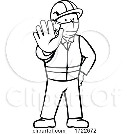 Construction Worker Wearing Face Mask Showing Stop Hand Signal Black and White Cartoon by patrimonio