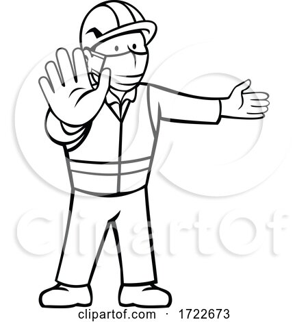 Construction Worker Wearing Face Mask Showing Stop Hand Signal Pointing Black and White Cartoon by patrimonio