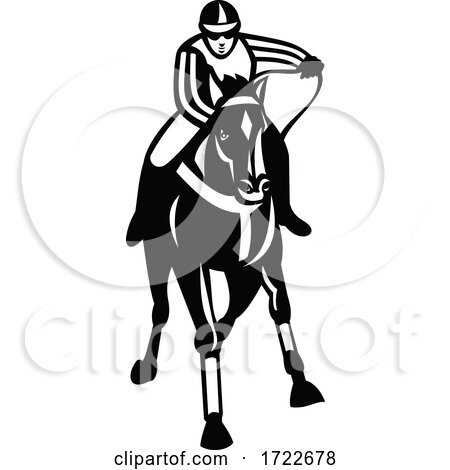 Jockey Racing Thoroughbred Horse Galloper Front View Retro Black and White by patrimonio