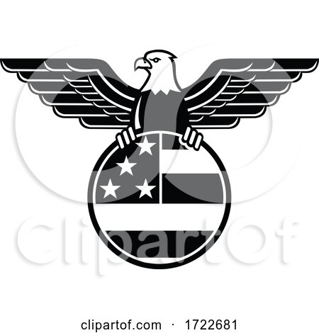 American Bald Eagle with Wings Spread Clutching United States Star and Stripes Flag in Circle Mascot Black and White by patrimonio