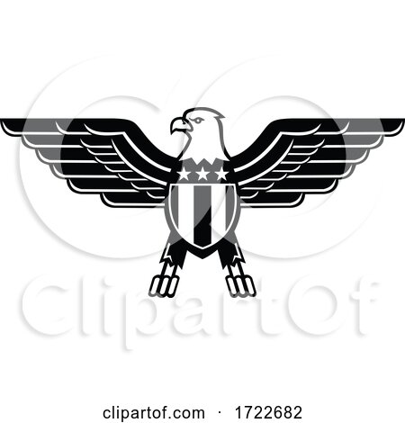 American Bald Eagle with Wings Spread and United States Star Spangled Banner Flag on Chest Mascot Black and White by patrimonio