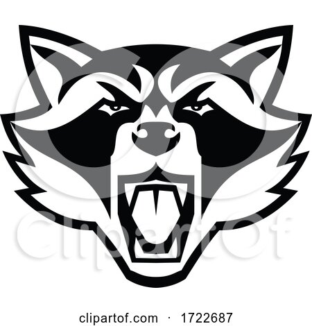 Head of Angry North American Raccoon Front View Mascot Black and White Mascot by patrimonio