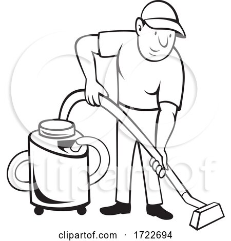 Commercial Carpet Cleaner Worker Vacuuming with Vacuum Cartoon Black and White by patrimonio