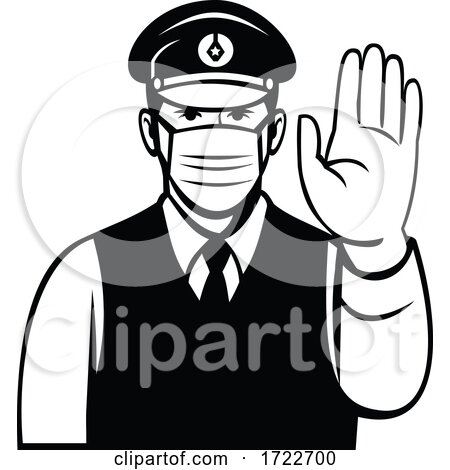 Japanese Policeman or Police Officer Wearing Face Mask Showing Stop Hand Signal Black and White Cartoon by patrimonio