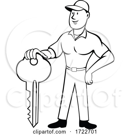 Locksmith or Keymaker Standing and Holding Key Front View Cartoon Black and White by patrimonio