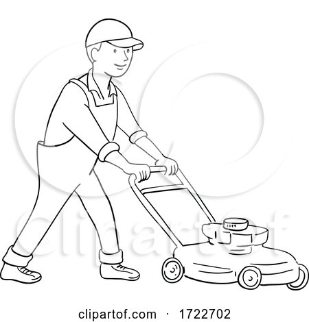 Gardener Mowing Lawn with Lawnmower Side View Black and White Cartoon by patrimonio