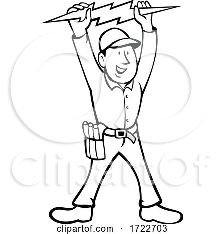Electrician Holding up Lightning Bolt Front View Cartoon Black and White by patrimonio