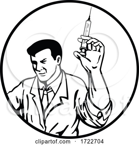 Doctor Nurse Medical Worker or Scientist Wearing Lab Coat Holding up Syringe with Vaccine Retro Black and White by patrimonio