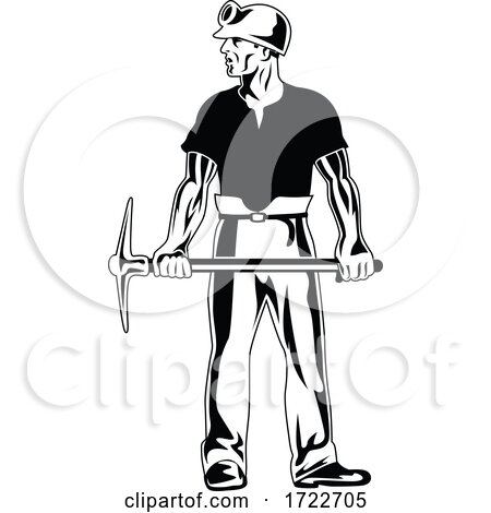 Coal Miner Wearing Hard Hat and Holding Pick Ax Standing Stencil Black and White Retro by patrimonio