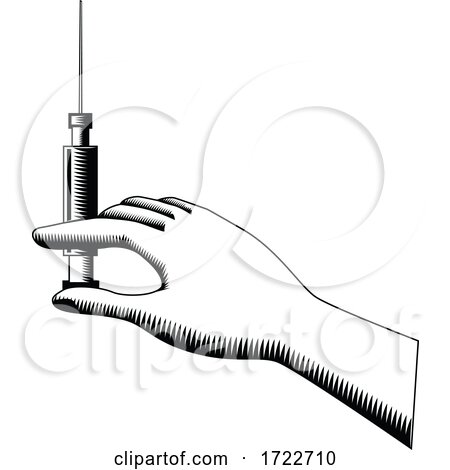 Hand Holding a Syringe with Hypodermic Needle Retro Woodcut Black and White by patrimonio