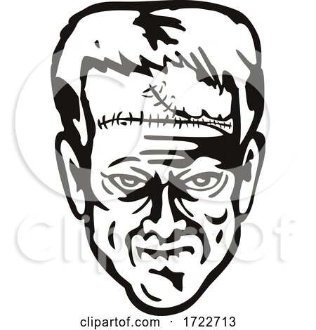 Head of Doctor Victor Frankenstein's Monster Front View Stencil Black and White Retro Style by patrimonio