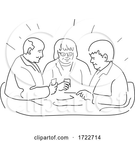 Group of Elderly or Senior Patients in Residential Care Facility Playing Cards Monoline Style by patrimonio