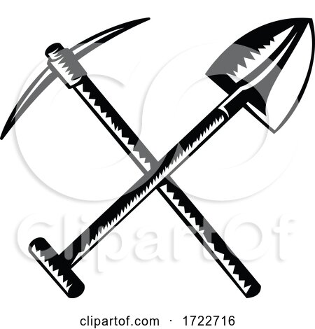 Crossed Spade or Shovel and Mining Pick Ax Pickaxe Pick-Axe or Pick Retro Woodcut Black and White by patrimonio