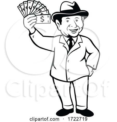 Vintage Businessman with a Wad of Dollar Bill Notes or Money Cartoon Black and White by patrimonio