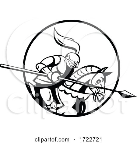 Medieval Knight with Lance Riding Steed Side Retro Black and White by patrimonio