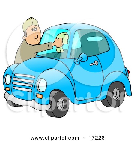 Caucasian Man Leaning Over The Hood Of His Cute Blue Compact Car To Clean The Bug Guts Off Of His Dirty Windshield While Stopped At A Gas Station Clipart Illustration by djart