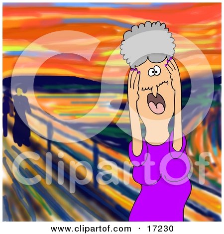 Stressed Out Caucasian Granny Woman Holding Her Hands to Her Cheeks While Screaming, a Humorous Parody of The Scream by Edvard Munch Posters, Art Prints
