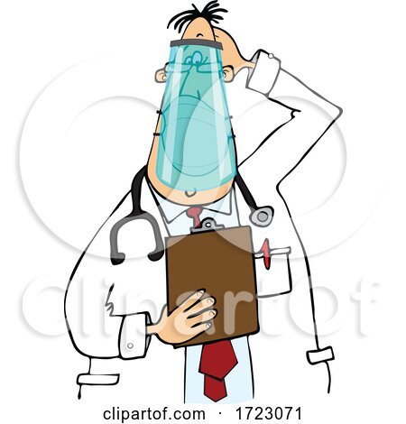 Cartoon Stumped Chubby White Male Veterinarian or Doctor Wearing a Face Shield and Mask and Holding a Clipboard by djart