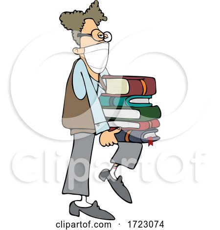 Geeky Man Wearing a Mask and Supporting a Stack of Books on His Knee by djart