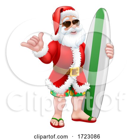 Santa Surf Shaka Shades Surfboard Cartoon by AtStockIllustration