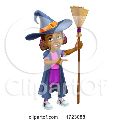 Black Girl Cartoon Child Halloween Witch Pointing by AtStockIllustration