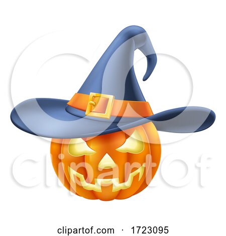 Pumpkin Wearing Witch Hat Halloween Cartoon by AtStockIllustration