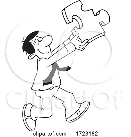 Cartoon Black and White Man Holding a Solution Puzzle Piece by Johnny Sajem