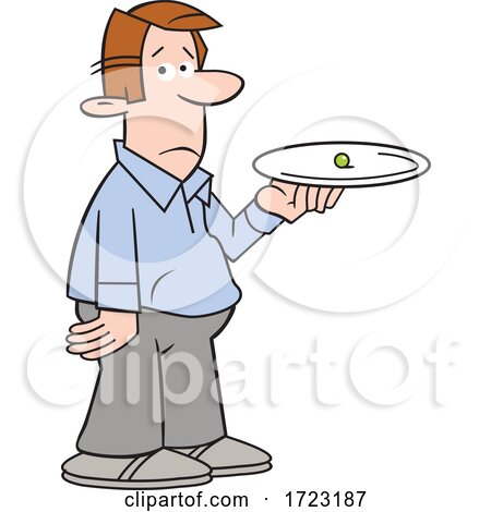 Cartoon Dieting Man Holding a Pea on a Plate by Johnny Sajem
