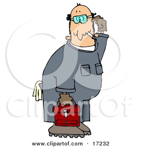 Confused Male Caucasian Mechanic In Blue Coverals, Carrying A Red Toolbox And Scratching His Head Clip Art Illustration by djart