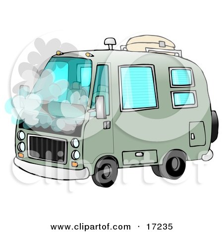 Broken Down Green Rv Motorhome Pulled Over On The Side Of The Road With Smoke Coming Out Of The Engine Compartment Clip Art Illustration by djart