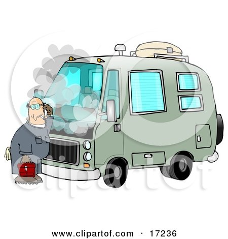 Confused Male Mechanic Scratching His Head While Standing In Front Of A Broken Down Green Rv With Smoke Rising From Under The Engine Hood Clip Art Illustration by djart