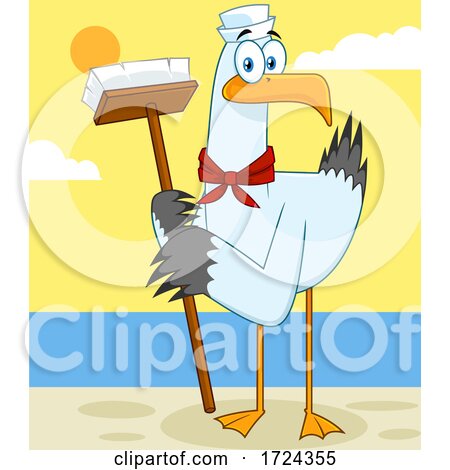 Sailor Seagull with a Cleaning Brush on the Beach by Hit Toon