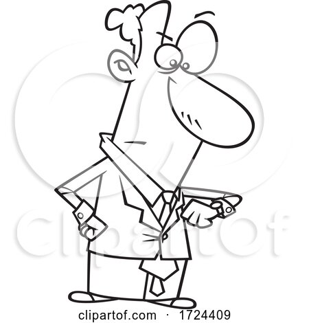 Cartoon Black and White Business Man Looking Angry and Checking His Watch by toonaday