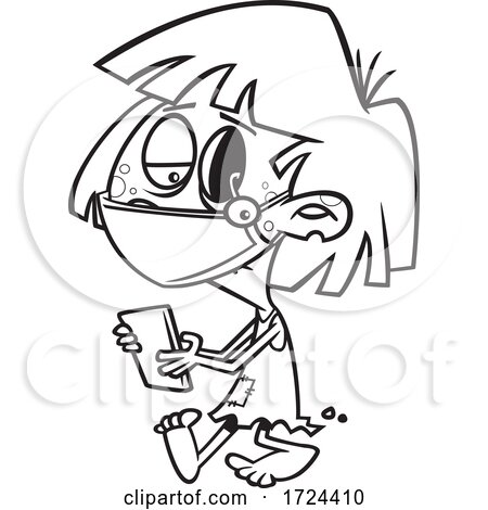 Cartoon Black and White Covid Halloween Zombie Girl Texting on a Cell Phone by toonaday