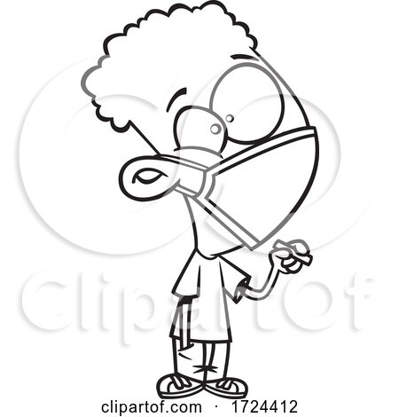 Cartoon Black and White School Boy Wearing a Mask at the Board by toonaday