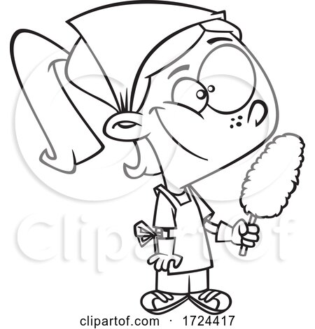 Cartoon Black and White Girl Cleaning and Holding a Duster by toonaday