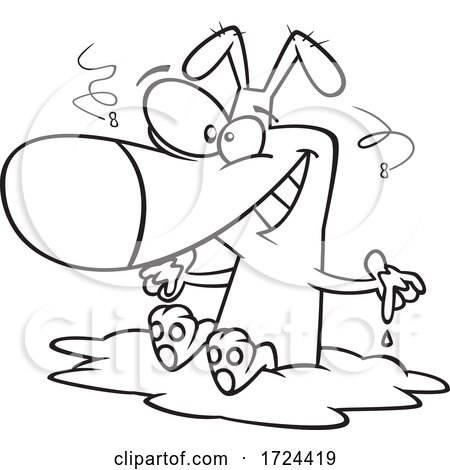 Cartoon Black and White Filthy Dog Sitting in Mud by toonaday