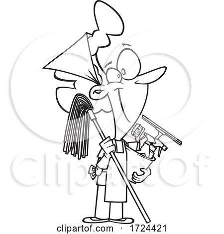 Cartoon Black and White Happy Woman Ready to Do Fall or Spring Cleaning by toonaday