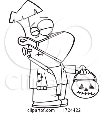 Cartoon Black and White Covid Halloween Frankenstein Wearing a Mask and Trick or Treating by toonaday